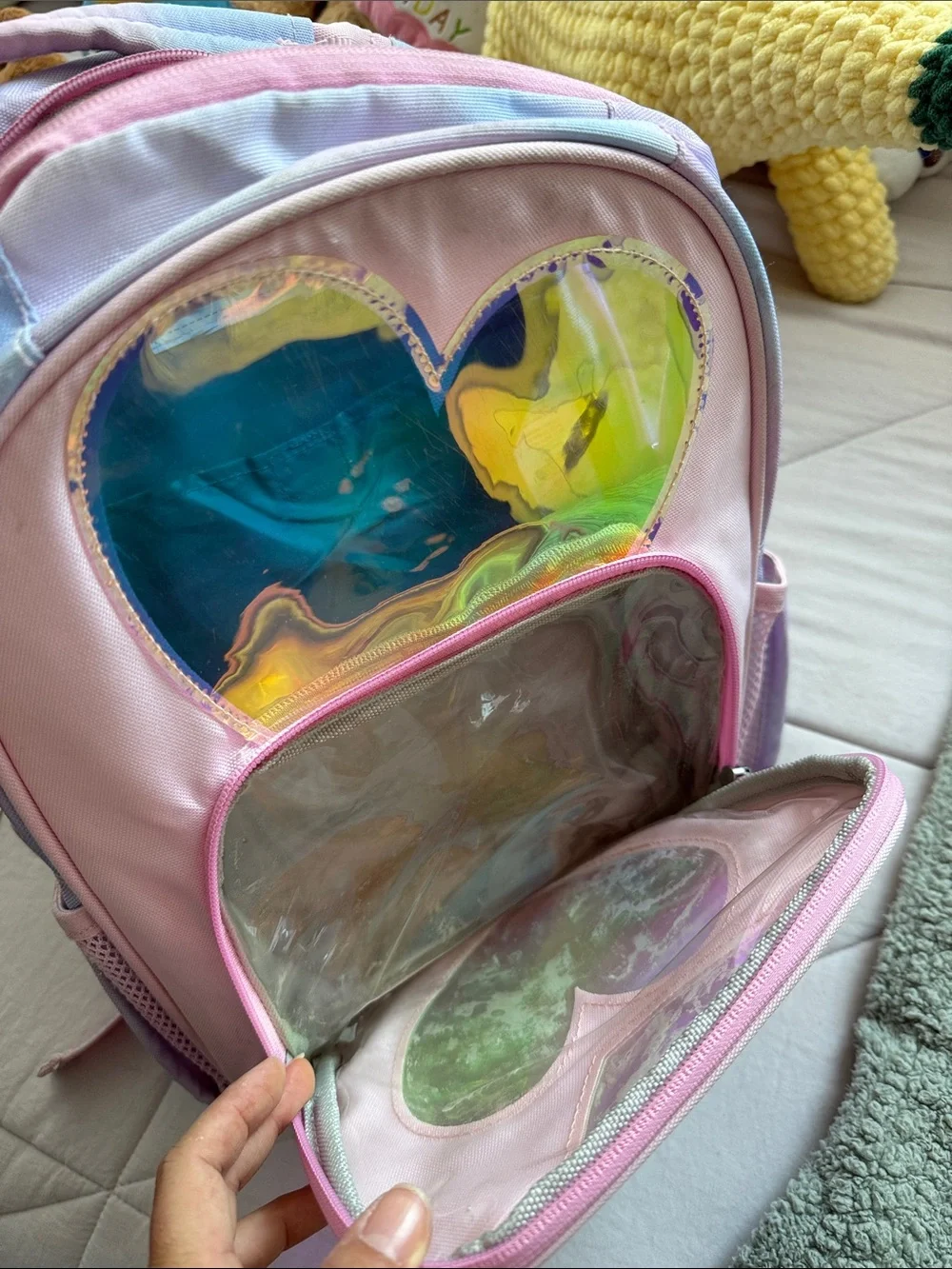 Pottery Barn Kids Pink Backpack with Iridescent Heart Windows